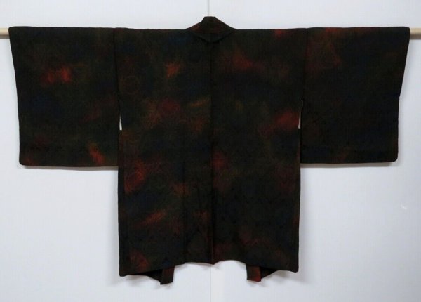 Photo1: 1011H02z530 Japanese Kimono Silk HAORI Dark brown-Dark green (1)