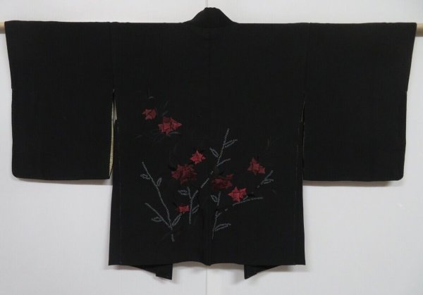 Photo1: 0617i03z540 Vintage Japanese Kimono Silk HAORI Black Flower Emboridery (1)