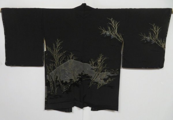 Photo1: 0616i03z580 Vintage Japanese Kimono Silk HAORI Black Scenery (1)