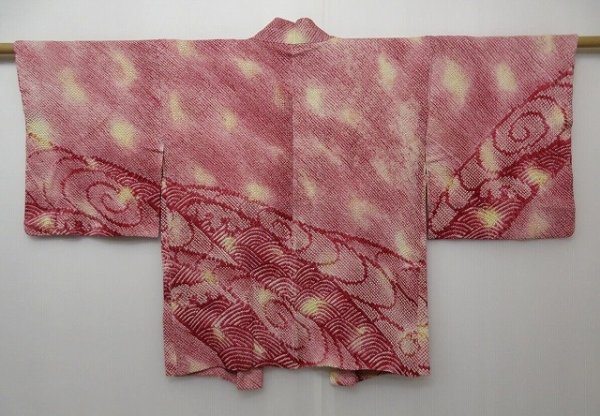 Photo1: 0916T07z500 Vintage Japanese Kimono Silk SHIBORI HAORI Red-Purple Wave (1)