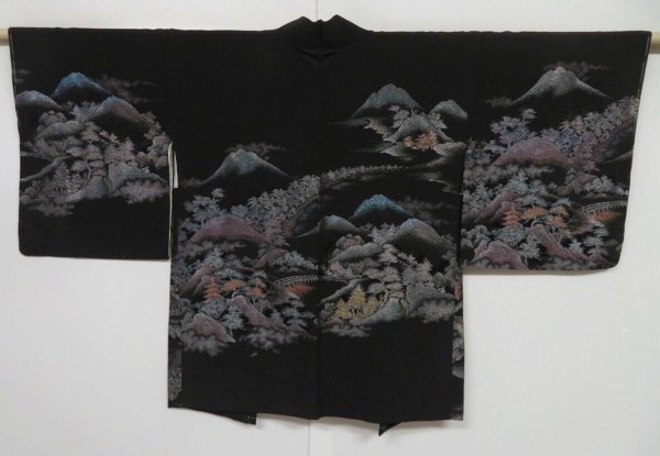 Photo1: 0616i06z620 Vintage Japanese Kimono Silk HAORI Black Scenery (1)