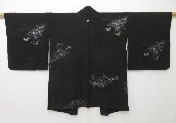 Photo1: 1119T06z540 Vintage Japanese Kimono Silk HAORI Black Chrysanthemum (1)