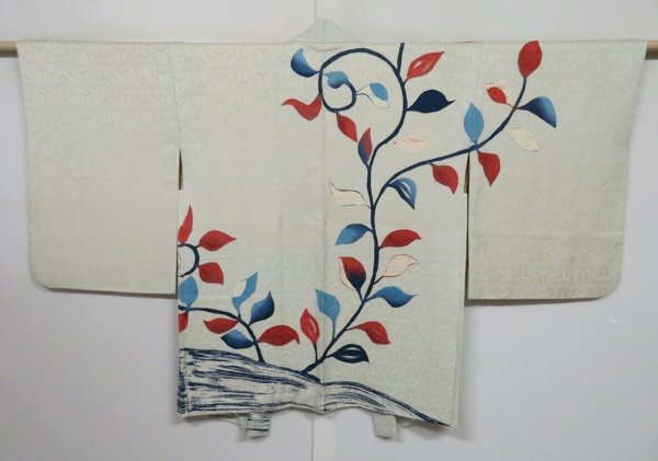 Photo1: 0113N05z590 Vintage Japanese Kimono Silk HAORI Mint-white Plant (1)