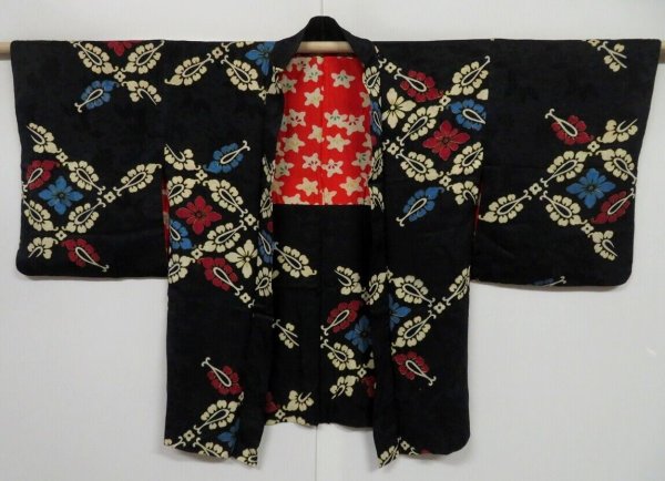 Photo1: 0604i09z450 Vintage Japanese Kimono Silk HAORI Black Flower (1)