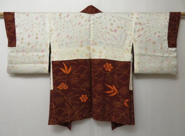 Photo1: 0516T06z600 Vintage Japanese Kimono Silk HAORI Brown Flower (1)