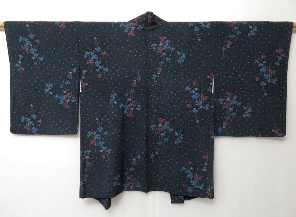 Photo1: 0518T10z470 Vintage Japanese Kimono Silk HAORI Dark gray Clover (1)