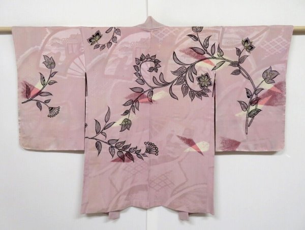 Photo1: 1203N09z490 Antique Japanese Kimono Silk HAORI Light pink Flower (1)