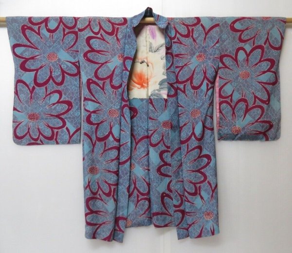 Photo1: 2010T02z430 Antique Japanese Kimono Silk LONG HAORI Flower Cyan blue (1)