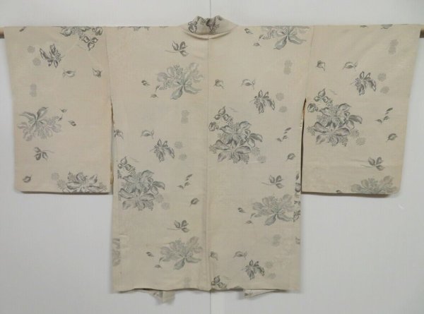 Photo1: 0604i02z620 Vintage Japanese Kimono Silk HAORI Light gray Flower (1)