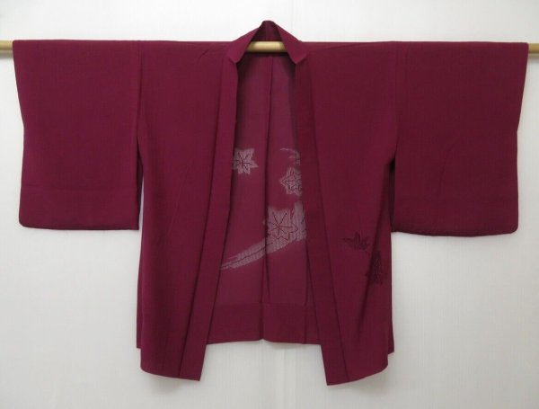 Photo1: 1327T03z320 Japanese Kimono Silk See through HAORI Wine red Maple (1)