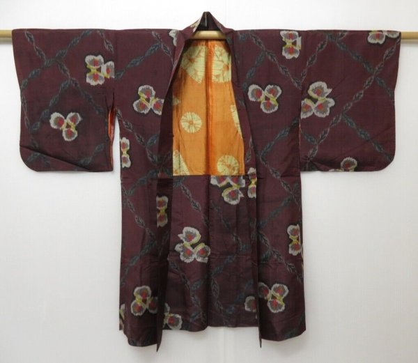 Photo1: 1318T08z430 Vintage Japanese Kimono Silk MEISEN HAORI Purple-Brown Camellia (1)