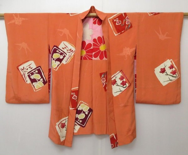 Photo1: 1428T02z630 Vintage Japanese Kimono Silk HAORI Coral orange Plum blossom (1)