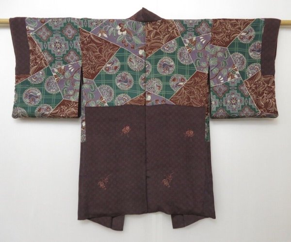 Photo1: 1214T09z470 Vintage Japanese Kimono Silk HAORI Dark brown Flower (1)