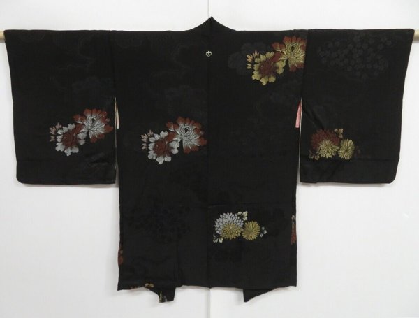 Photo1: 1019i10z470 Vintage Japanese Kimono Silk HAORI Black Flowers (1)