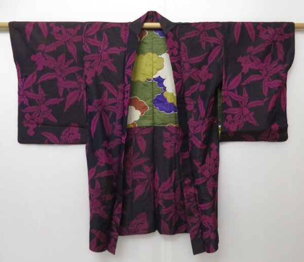 Photo1: 1328T03z470 Vintage Japanese Kimono Silk HAORI Black-Purple Cattleya (1)