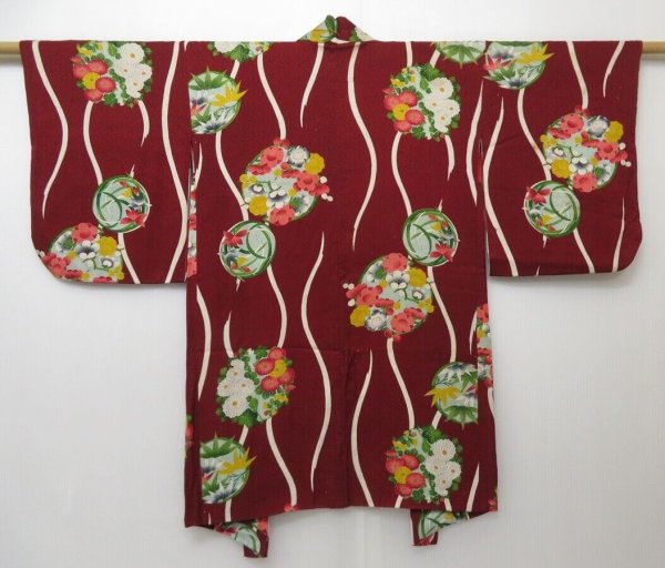 Photo1: 1108T03z590 Antique Japanese Kimono Silk HAORI Dark red Chrysanthemum (1)