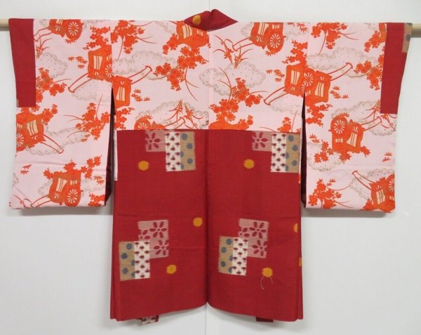 Photo1: 0526i01z460 Vintage Japanese Kimono Silk MEISEN LONG HAORI Dark red Flower (1)