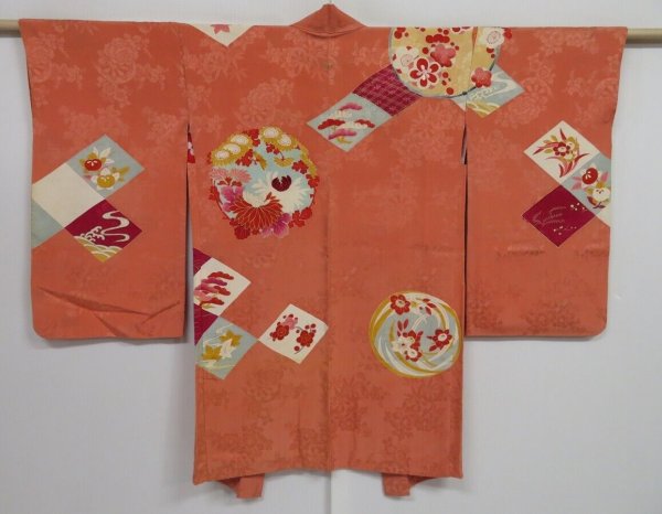 Photo1: 1215i07z530 Antique Japanese Kimono Silk LONG HAORI Salmon Flowers (1)