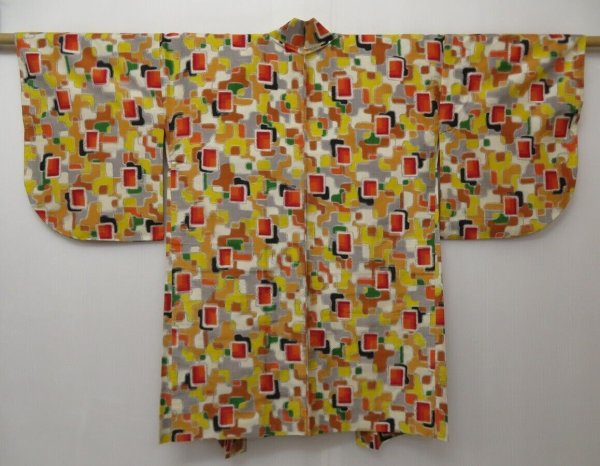 Photo1: 1401T02z390 Vintage Japanese Kimono Silk MEISEN HAORI Yellow Gray (1)