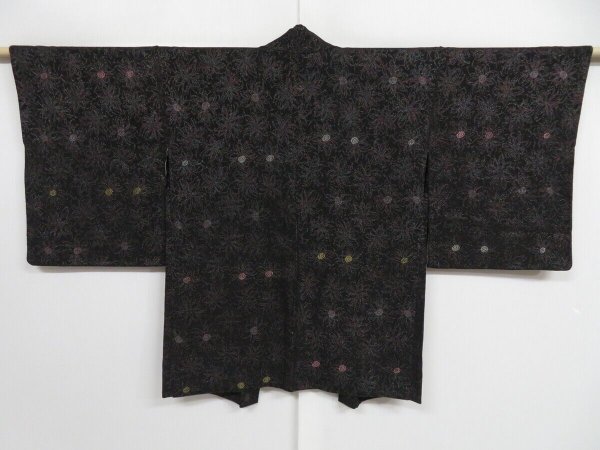 Photo1: 0911i02z650 Vintage Japanese Kimono Silk HAORI Black Flower (1)