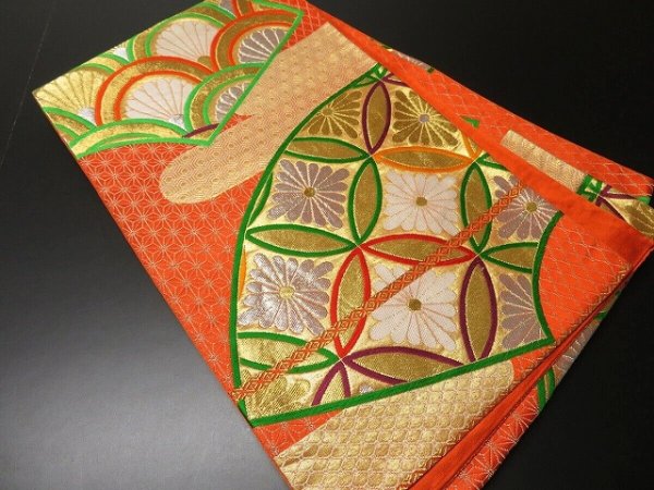 Photo1: 0715Y03z1070 Vintage Japanese Kimono Silk FUKURO OBI Orangered Jigami 160.6" (1)