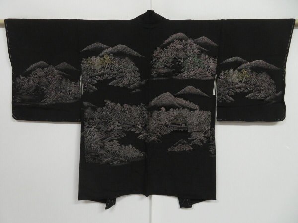 Photo1: 1320i09z520 Vintage Japanese Kimono Silk HAORI Black Scenery (1)