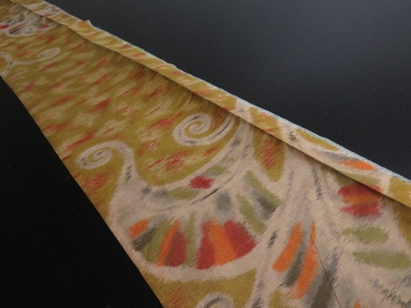 Photo1: 3H08z20 Vintage Japanese Kimono Silk MEISEN FABRIC Yellow ochre Leaf 45.7" (1)