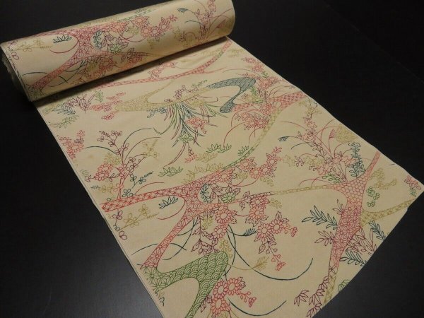 Photo1: C33z730 Japanese Kimono Silk BOLT FABRIC Light cream Flowers 472.4" (1)