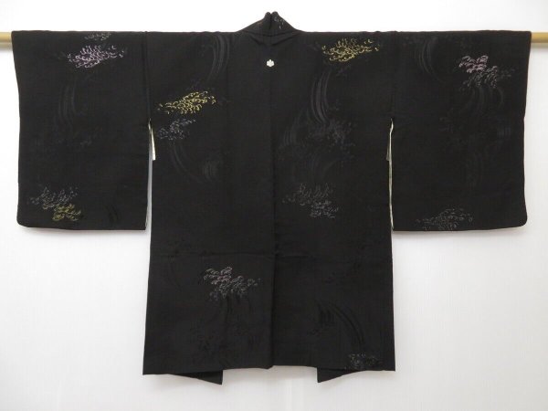 Photo1: 1331T07z570 Vintage Japanese Kimono Silk HAORI Black Wave (1)