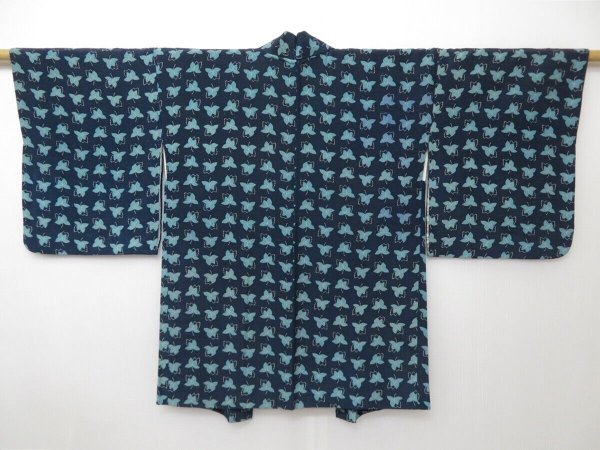 Photo1: 1104T10z500 Vintage Japanese Kimono Silk HAORI Navy Leaf (1)