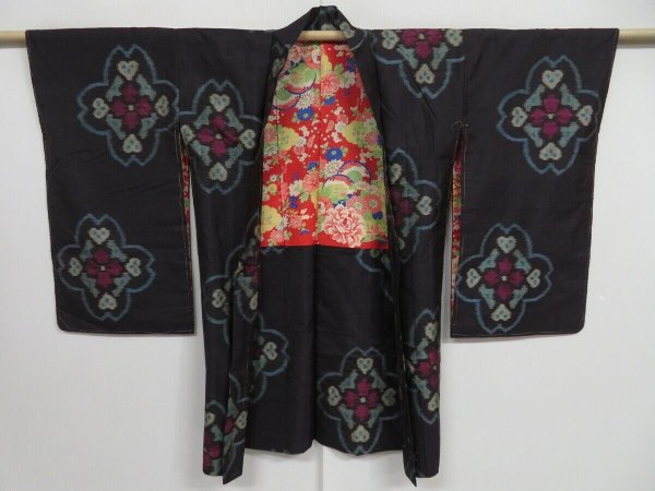 Photo1: 0910i04z480 Vintage Japanese Kimono Silk MEISEN HAORI Black-Purple Flower (1)