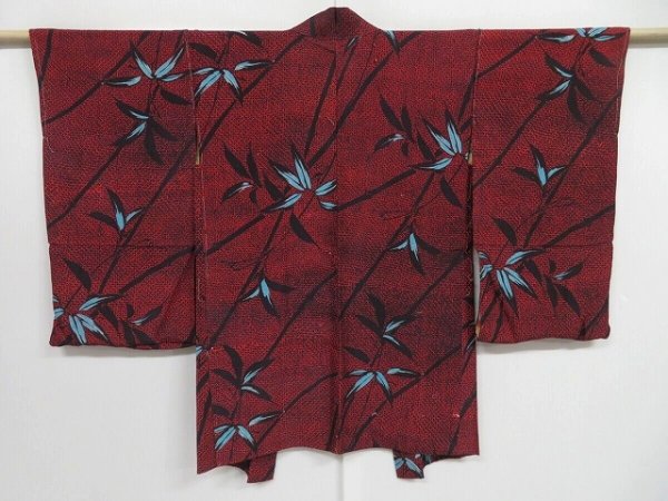 Photo1: 1418i07z710 Antique Japanese Kimono Silk HAORI Red Bamboo grass (1)