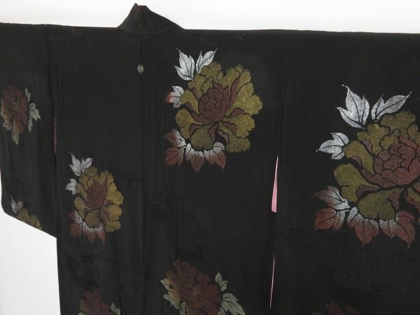 Photo1: 0904i10z520 Antique Japanese Kimono Silk LONG HAORI Black Peony (1)