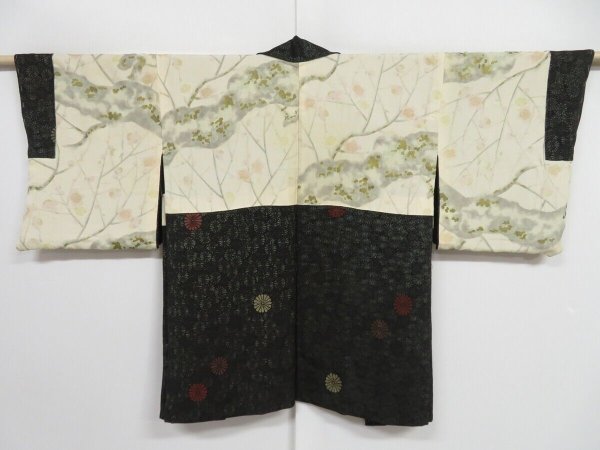 Photo1: 1013i07z650 Vintage Japanese Kimono Silk HAORI Black Chrysanthemum (1)