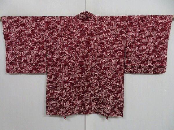 Photo1: 0915i03z500 Vintage Japanese Kimono Silk HAORI Dark red Flying crane (1)