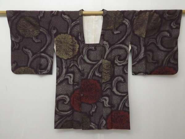 Photo1: 1215T04z660 Vintage Japanese Kimono Silk HAORI COAT Dull purple Karahana (1)