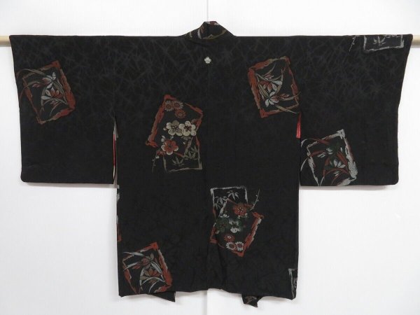 Photo1: 0825i10z680 Vintage Japanese Kimono Silk HAORI Black Flowers (1)