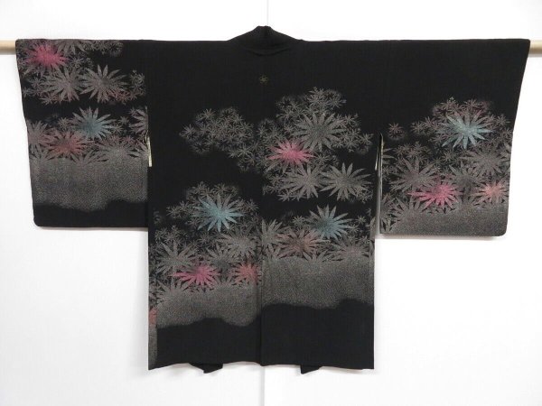 Photo1: 0828i03z710 Vintage Japanese Kimono Silk HAORI Black Flower (1)