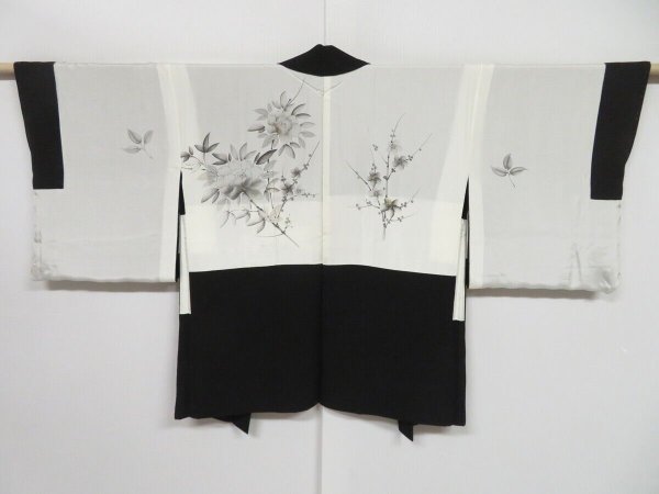 Photo1: 0801i06z550 Vintage Japanese Kimono Silk HAORI Black Flowers (1)