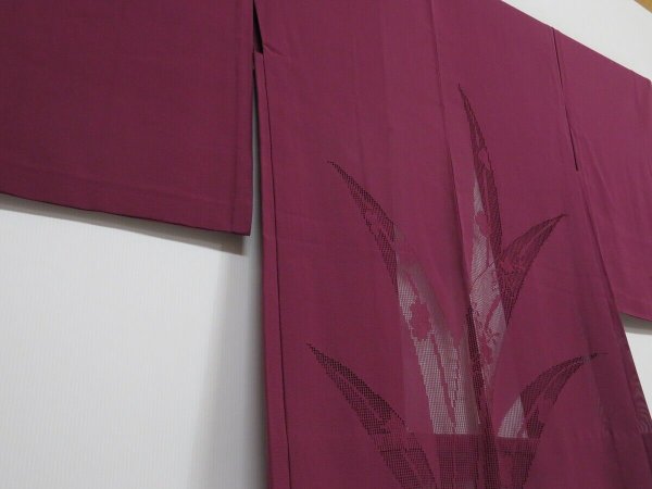 Photo1: 1215i05z290 Vintage Japanese Kimono Silk See through HAORI Wine red Flower (1)