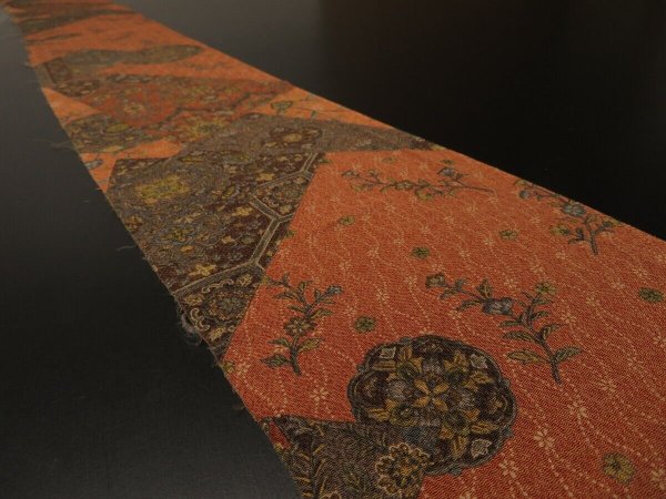 Photo1: 1S08z50 Japanese Kimono Crepe Silk  FABRIC Orange-Brown Flowers 60.6" (1)