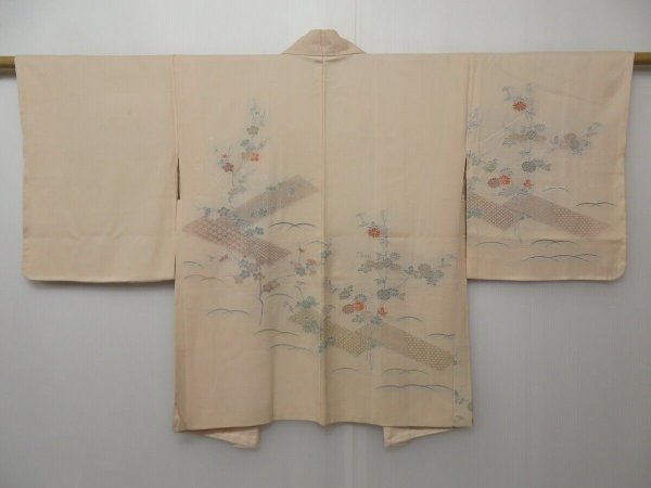 Photo1: 0927T07z520 Vintage Japanese Kimono Silk HAORI Light peach Flowers (1)