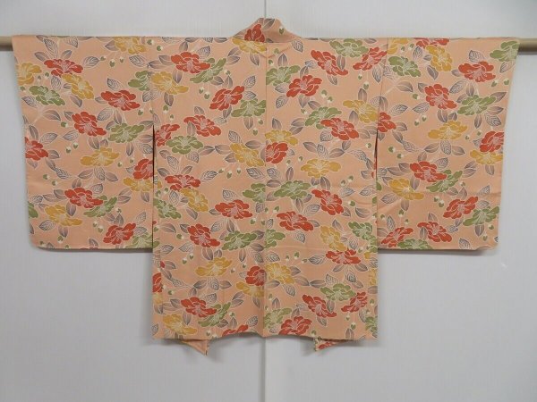 Photo1: 0921i02z560 Japanese Kimono Silk HAORI Peach Camellia (1)