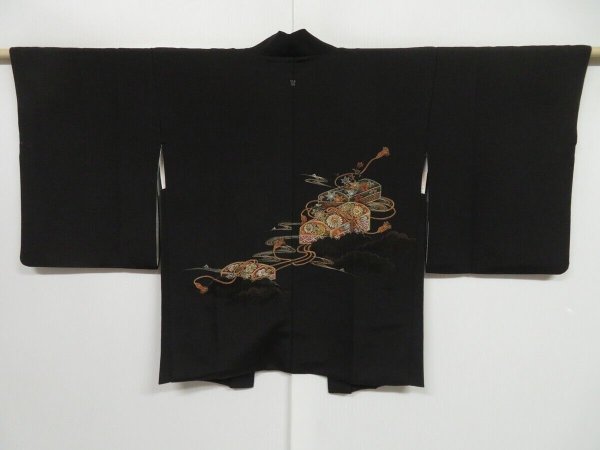 Photo1: 0813i07z520 Japanese Kimono Silk HAORI Black Letter box (1)