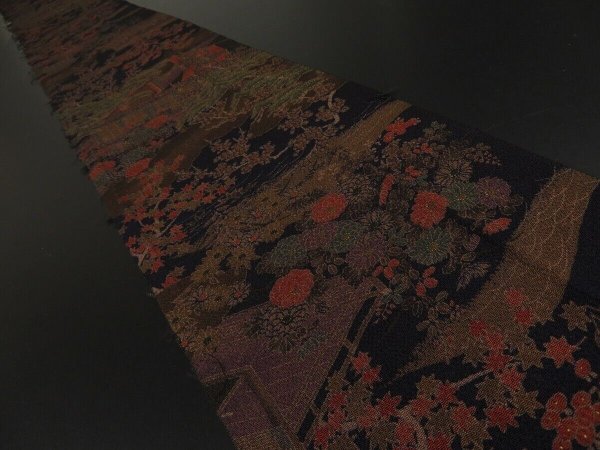 Photo1: 1J09z60 Japanese Kimono Crepe Silk  FABRIC Dark navy Palace garden 83.5" (1)