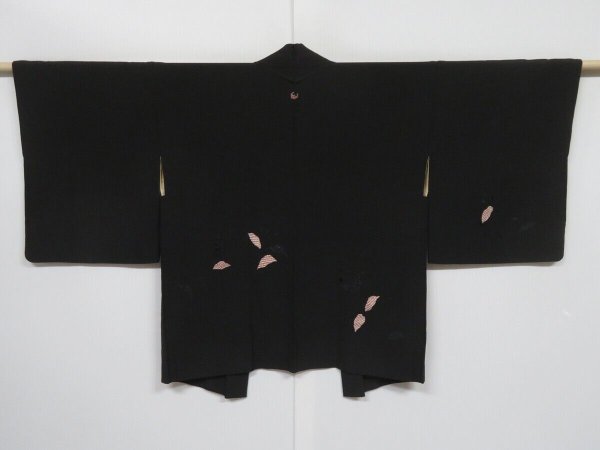 Photo1: 0424N02z610 Vintage Japanese Kimono Silk HAORI Black Plants (1)