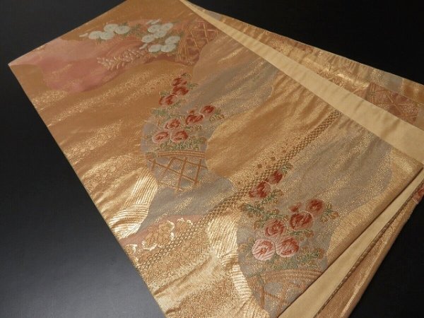 Photo1: 0405Y05z790 Japanese Kimono Silk FUKURO OBI Gold Chrysanthemum 166.9" (1)