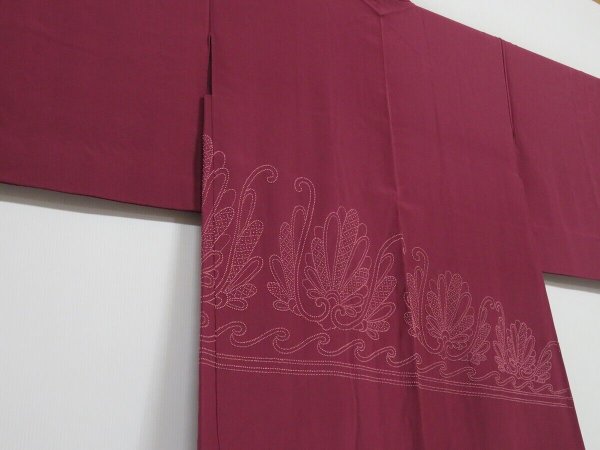 Photo1: 1213i08z530 Vintage Japanese Kimono Silk HAORI Wine red Flower (1)