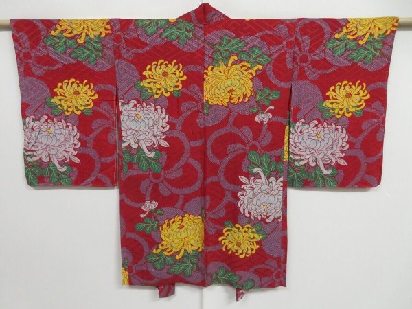 Photo1: 0929i02z350 Antique Japanese Kimono Silk HAORI Dark red Chrysanthemum (1)