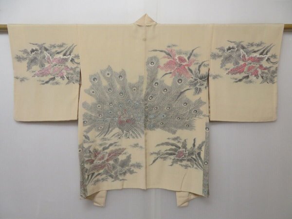 Photo1: 1501T08z570 Vintage Japanese Kimono Silk HAORI Light peach Phoenix (1)